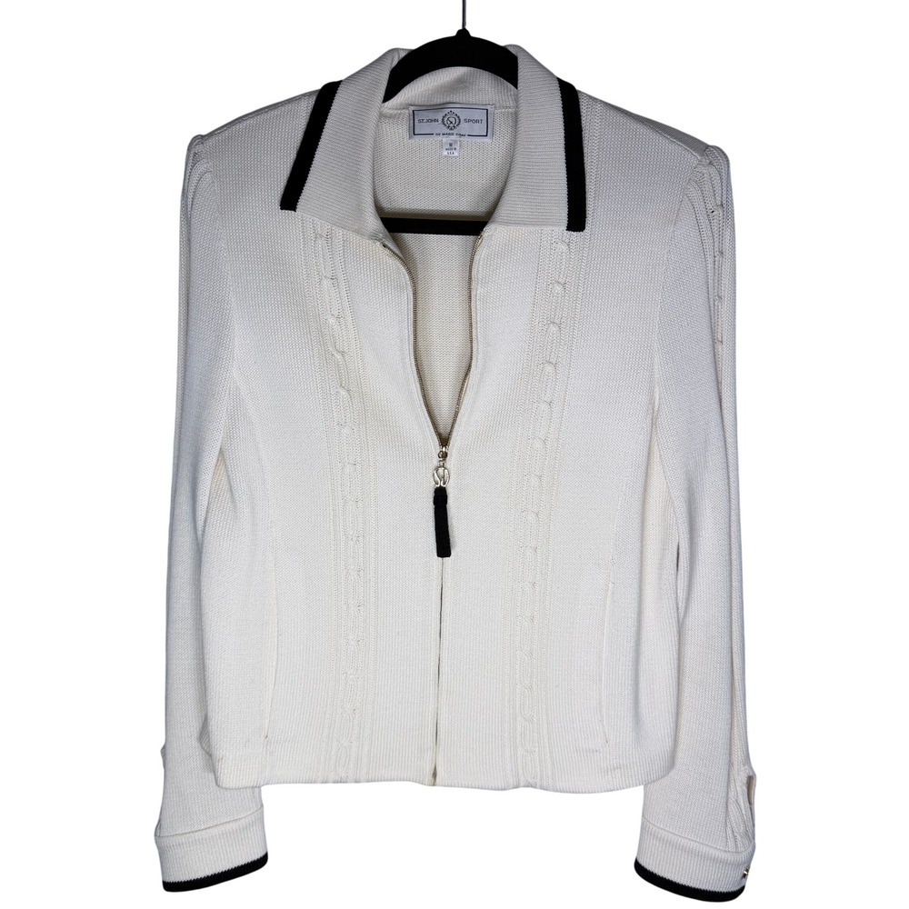St. John Sport Marie Gray Cream White Zip Front Cable Knit Cardigan Jacket Med